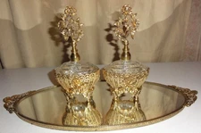 VINTAGE SOLID BRASS VANITY MIRROR TRAY & TWO PERFUME BOTTLES, CIRCA UNKNOWN, EXC