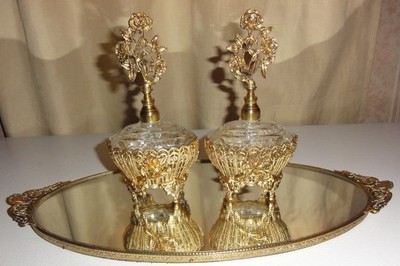 VINTAGE SOLID BRASS VANITY MIRROR TRAY & TWO PERFUME BOTTLES, CIRCA UNKNOWN, EXC