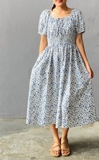 Uniqlo Off White Puff Sleeve Ditsy Floral Print Midi Dress Size L 12-14 New