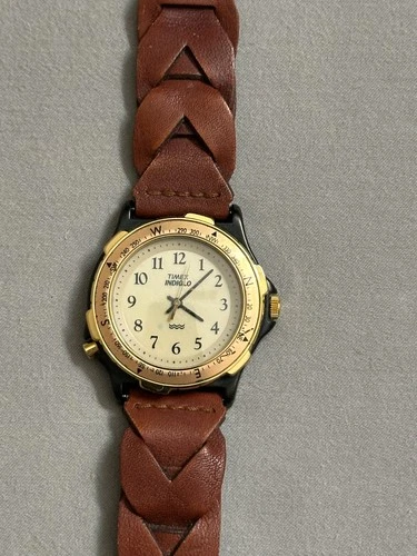 Timex Indiglo Compass Brown Braided Leather Band Vintage Men's Watch New Battery
