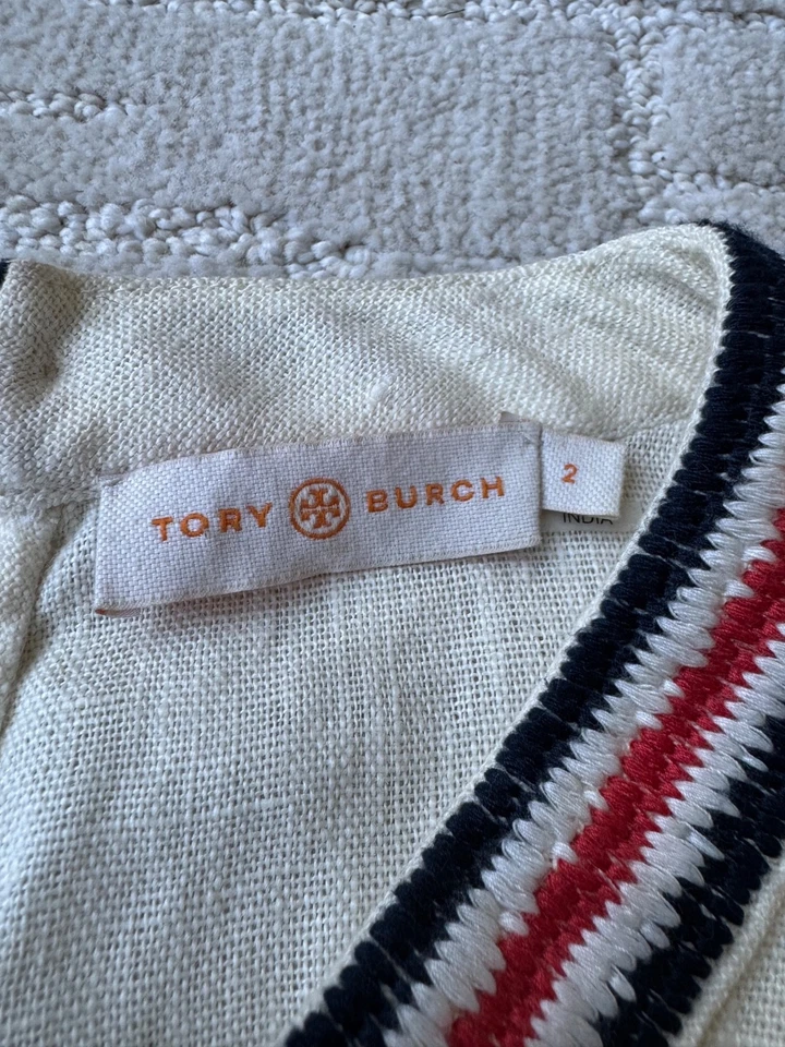 Top de lino Tory Burch Florentina bordado marfil para mujer talla 2 barco precio de venta sugerido por el fabricante 248 USD Foto 3 de 4