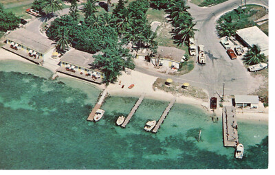 Vintage Postcard FL Long Key Edgewater Lodge Aerial View Boats Old Cars -1499