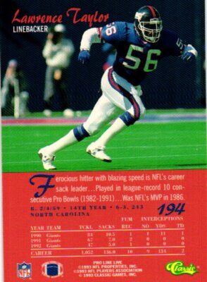 1993 Pro Line Live #194 Lawrence Taylor | eBay