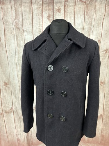 Vintage Fur Lined Peacoat Jacket Reefer Coat Charcoal Grey Blue Nautical Small - Picture 5 of 24