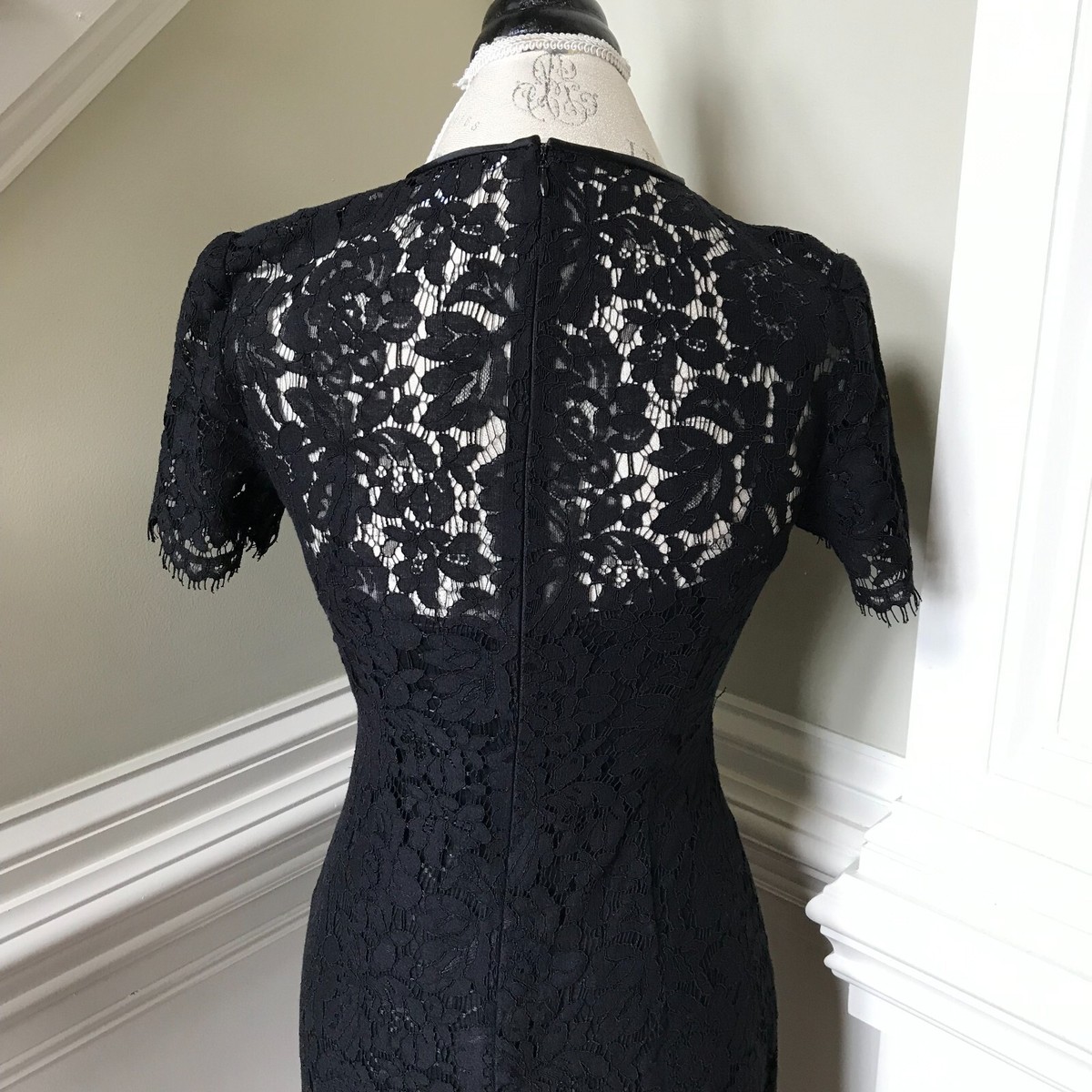 DVF Carly Lace Midi Dress Womens 2 Black Short Sleeve Crew Neck Short  Sleeve | eBay