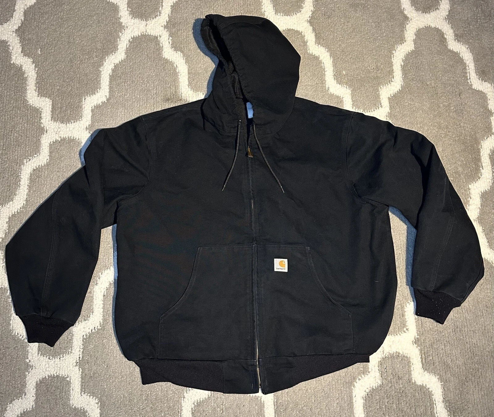 Vintage Carhartt J131 Duck Thermal Lined Hooded Zip Jacket Made USA Men XL Black