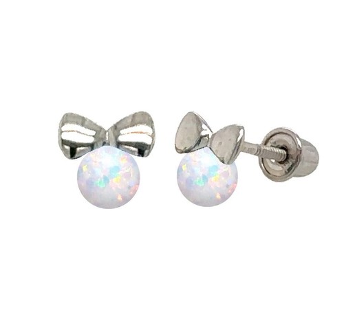 14k Yellow Gold Bow Tie Opal Stud Earrings/ Screw Back - Picture 8 of 15