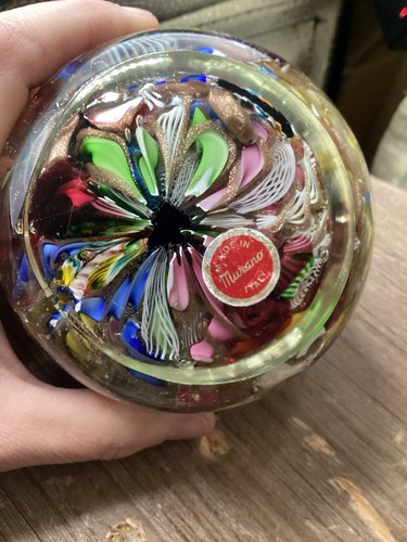 Large Vtg Murano Latticino Lace Ribbon Paperweight Tutti Fruitti - Picture 13 of 13