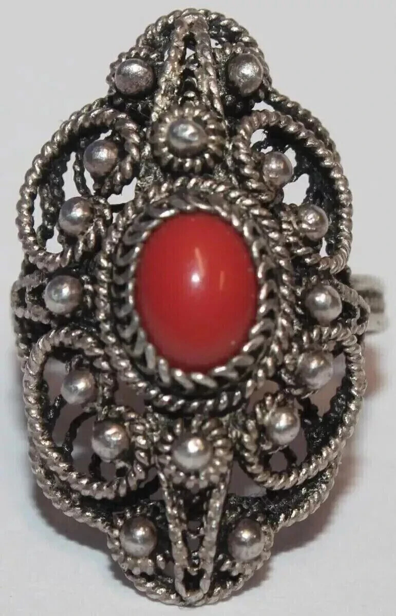 B0958 - Large Solid 925 Silver Ring with Agate - … - image 1