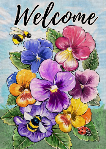 Welcome Spring Summer Pansy Flower Decorative Garden Flag, Floral Yard outside D