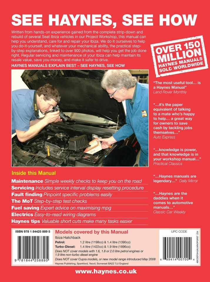 For SEAT - Ibiza Petrol and Diesel 2002-2008 Service Manual 4889 Haynes - Image 2 of 2