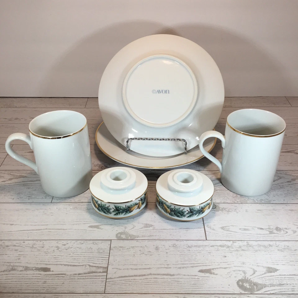 Vintage “Partridge In A Pear Tree” By Avon, 2 Plates, 2 Mugs, 2 Candle Holders - Image 2 of 4