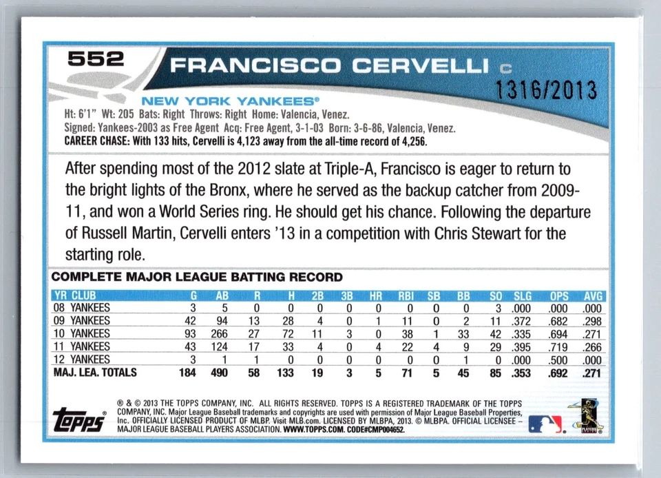 2013 Topps #552 Francisco Cervelli Gold #/2013 - Image 2 of 2