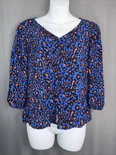 Esprit Peasant Top Medium Blue Colorful Leopard 3/4 Elastic Sleeve Button Up Y2K