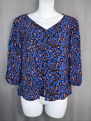 Vintage Esprit Peasant Top Medium Blue Colorful Leopard 80s 90s Light Casual EDC
