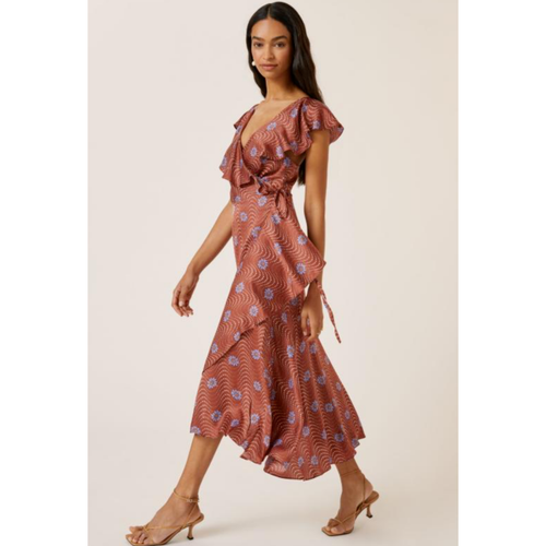 Anthropologie Ruffle Sleeve Printed Wrap Maxi Dress Brown satin Size S