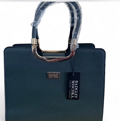 Badgley Mischka Green Medium Satchel Top Handle Snap Closure Inner Pockets