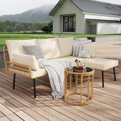 #ad 3 Piece Outdoor Terrace Furniture Set L Shaped Rattan Sofa with Elastic Thick C $356.99
