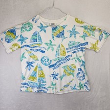 Vintage Gitano Single Stitch All Over Print Nautical T-Shirt Made in USA White