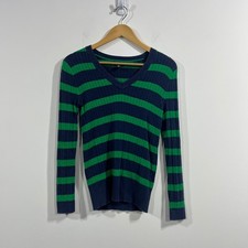 Tommy Hilfiger Rugby Preppy Striped V-Neck Cable Knit Sweater Womens Small Green