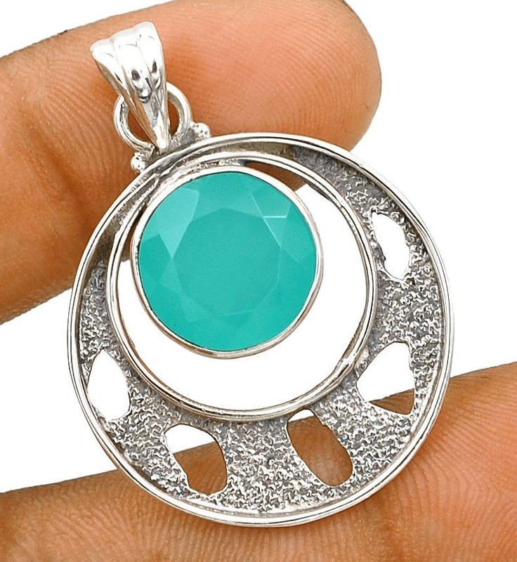 Natural Aquamarine Chalcedony 925 Solid Sterling Silver Pendant