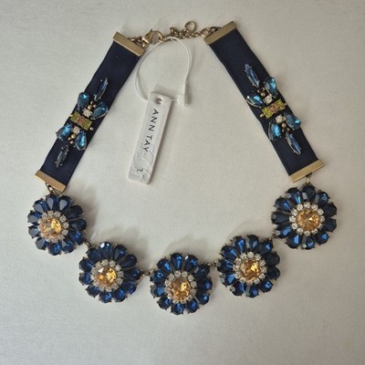 Ann Taylor Blue Ribbon Floral Crystal Cluster Statement Choker Necklace 19 IN
