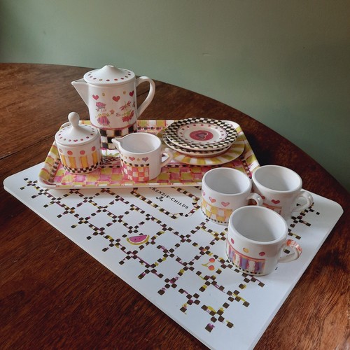 MacKenzie-Childs Childrens Tea Party Set Melamine Cups Plates Teapot Tray Mats