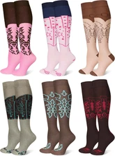 6 Pairs Cowgirl Boot Socks, Western Aztec Cowboy, Knee High, Women, Christmas