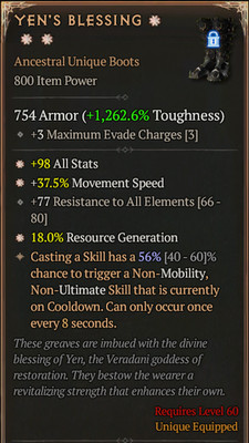  DIABLO 4 SEASON 11 Boots Yen's Blessing 3GA 56% Close to Perfect Aspect