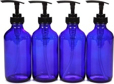 , 4, Large, 8 Oz, Empty, Cobalt Blue Glass Bottles with Black Lotion Pumps