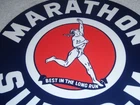 VINTAGE MARATHON SUPER M RUNNER 11 3/4" PORCELAIN METAL RUN GASOLINE & OIL SIGN!