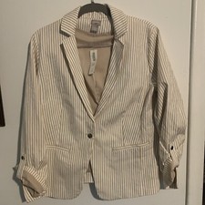 Chico's Single Button Jacket Blazer Sz 2 Beige cream striped cotton Blend. NWT