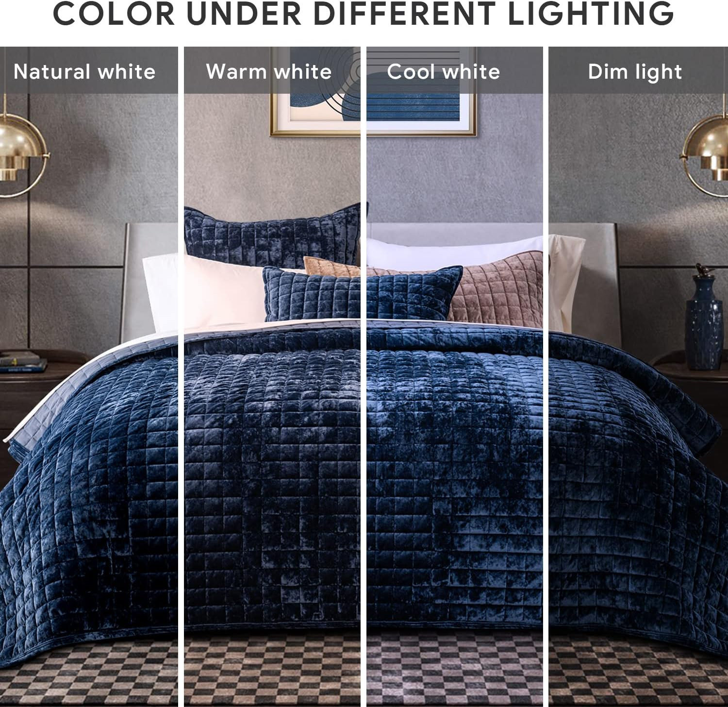 Navy Blue Luxury Velvet King Quilt Set with 2 Pillow Shams for All Seasons