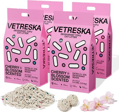 Cherry Blossom Tofu Cat Litter,Strong Clumping,Flushable,Dust-Free(5.5lb×4)