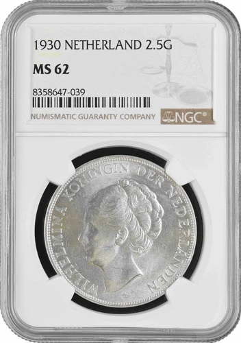 Netherlands 2 1/2 gulden 1930, NGC MS62, "Queen Wilhelmina (1890 - 1948)"