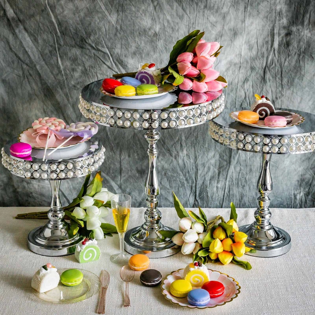 3 SILVER METAL Pearl Beaded Cake Stands RisersLight Gray Table