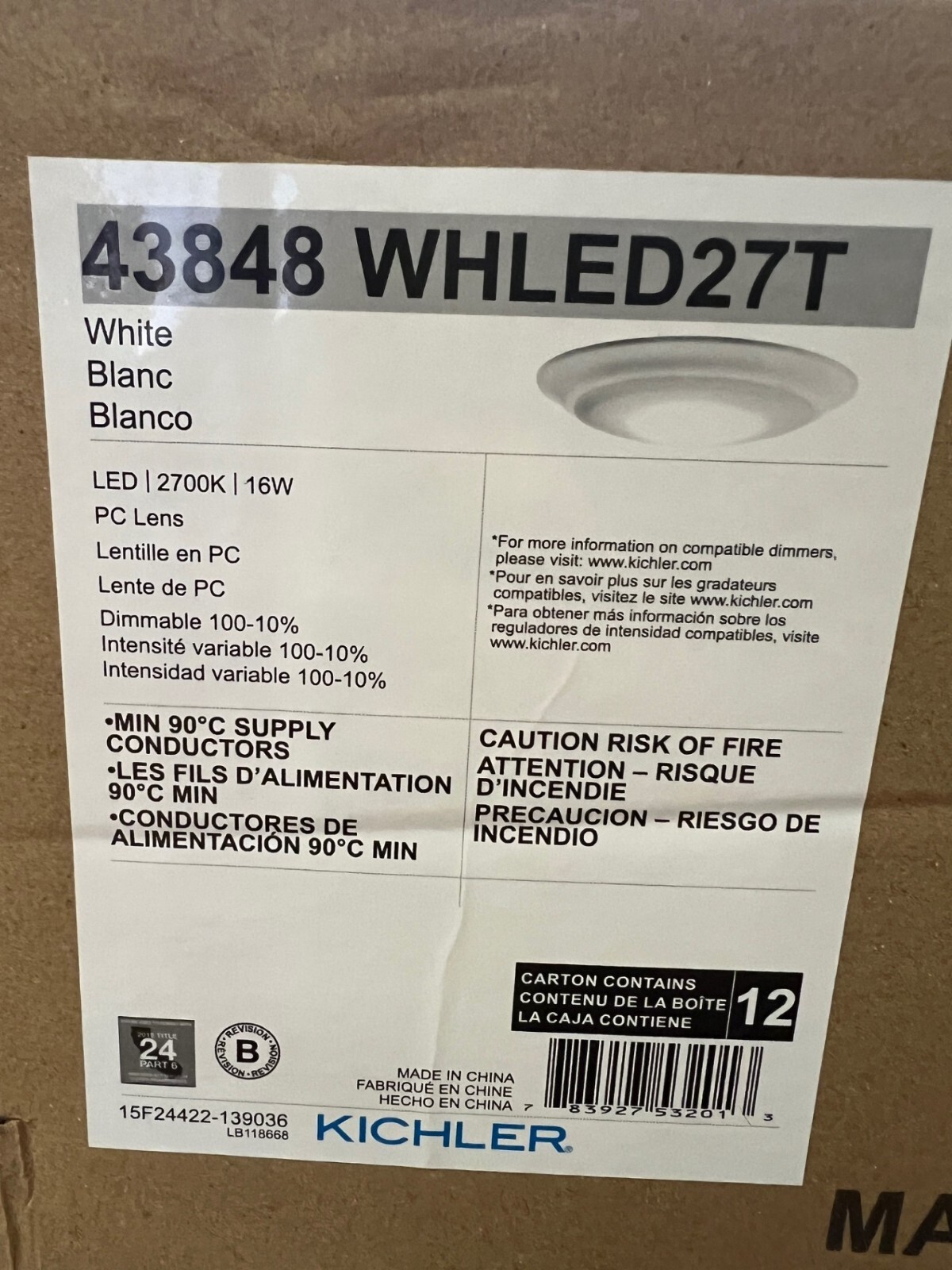 Box of 12 - Kichler 43848WHLED27T LED Flush Mount , White