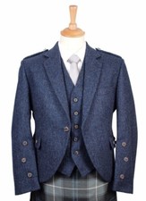 Men's Blue Argyle Tweed wool Scottish Wedding kilt Jacket With 5 Button vest.