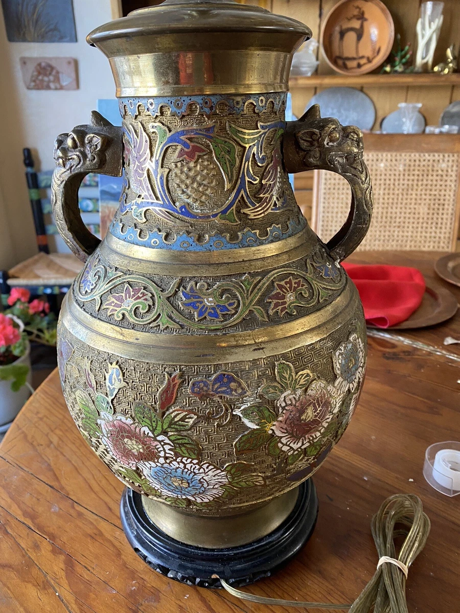 Antique Chinese brass and cloisonne lamp with Phoenix handles