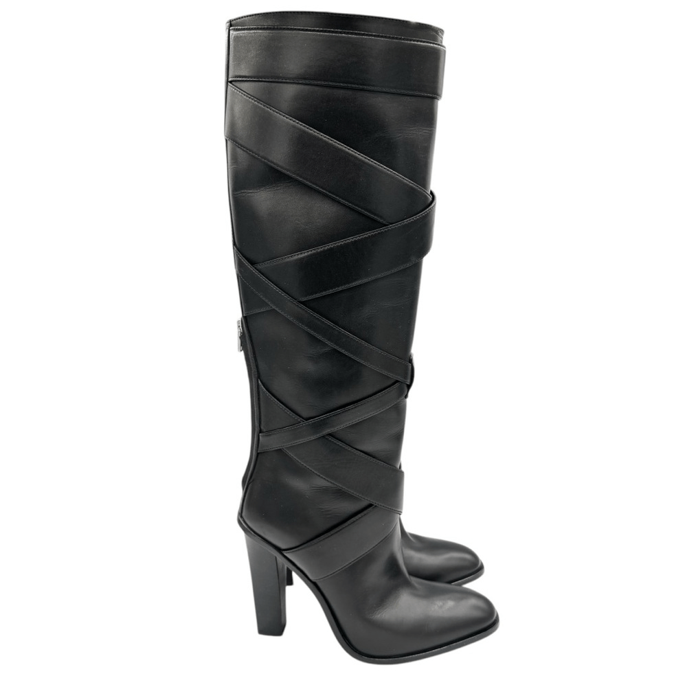 NUOVI stivali Saint Laurent al ginocchio in pelle con tacco incrociato nero taglia 9 5