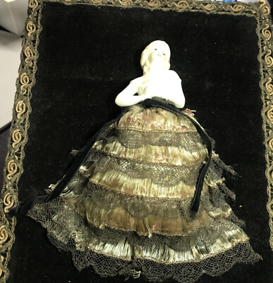 Gorgeous Wall Hanging Dressed Antique Half Doll Velvet Brown Thread Dress Lace