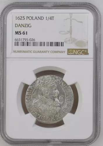 1625 POLAND 1/4T DANZIG NGC MS 61 RARE COIN!!!