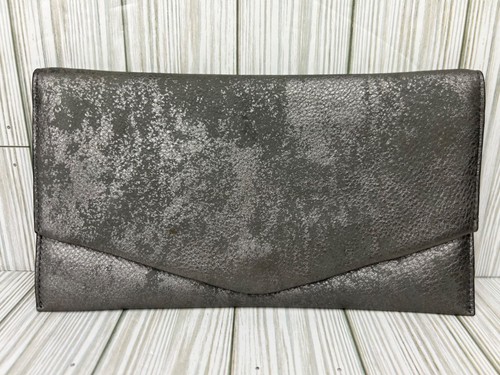 COLE HAAN Leather Clutch Bag Purse Envelope Handbag Metallic Platinum Grey Gray