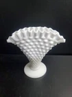 Fenton Milk Glass Fan Vase White Hob Nail Ruffled Collectible