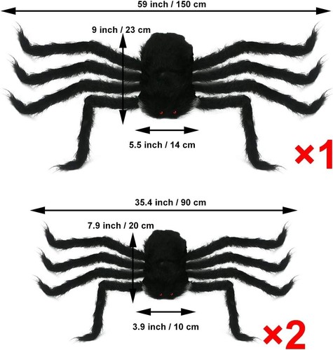 Halloween Spider Decoration Set Scary Hairy Giant Spiders w/ Red Eyes 5 Ft 3 Ft - Picture 3 of 6