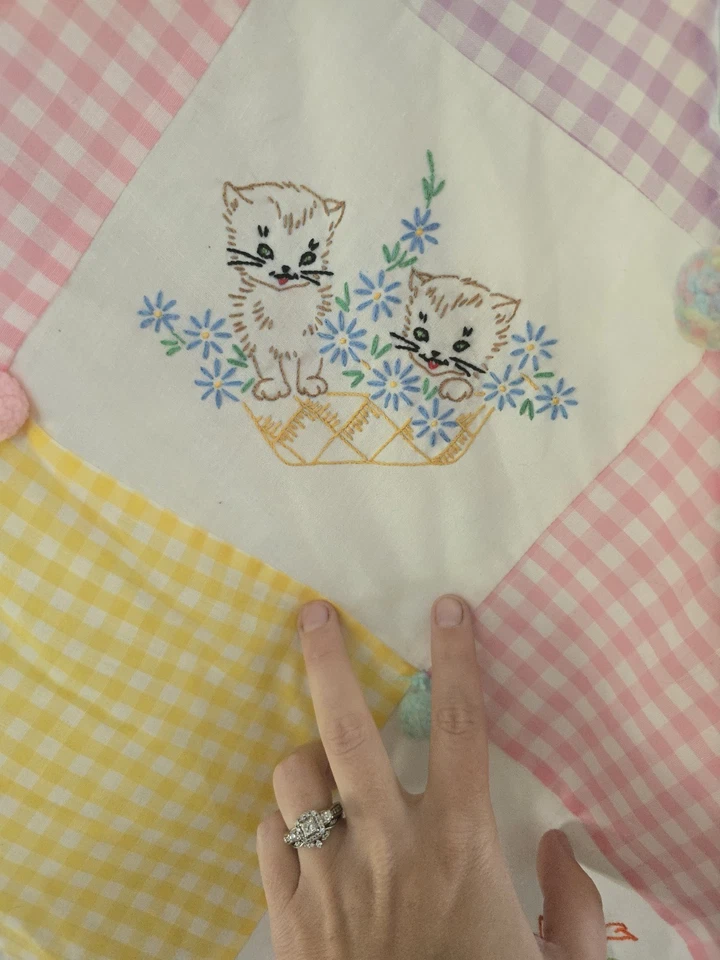 Manta colcha cuna bebé vintage bordada a mano guardería gato, payaso, conejos *re Foto 3 de 4