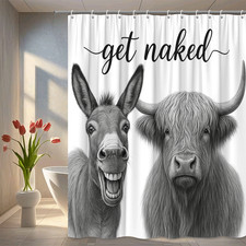 Funny Get Naked Shower Curtain with Donkey and Highland Cow Design