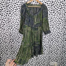 Jigsaw Ramie Printed Smock Dress UK 12 Green Blue Boho Tiered Sheer Midi