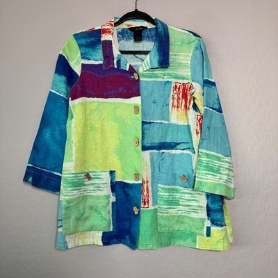 Ali Miles Small Multicolor Linen Button Up Abstract Print Button Front Shirt