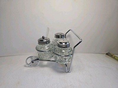 Vintage Glass Salt Pepper And Sugar Table Set In A Metal Wheelbarrow Stand